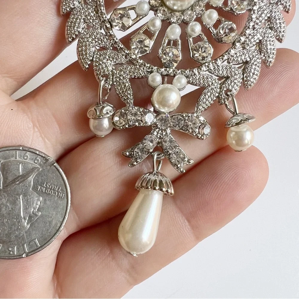 Regal Wreath Silvertone Clear Crystal Faux Pearl Drop Large Corsage Brooch Pin